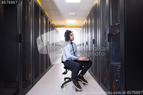 Image of engineer working on a laptop in server room