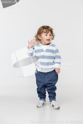 Image of Portrait of happy joyful beautiful little boy, studio shot