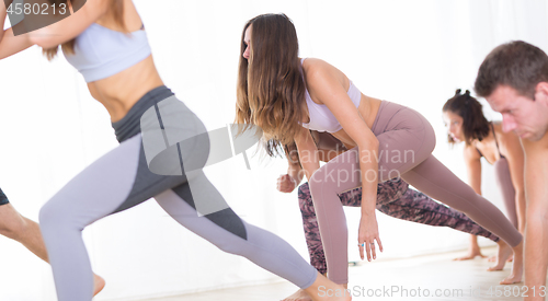 Image of Group of young sporty attractive people in yoga studio, practicing yoga lesson with instructor, standing together in forward band streching pose. Healthy active lifestyle, working out in gym