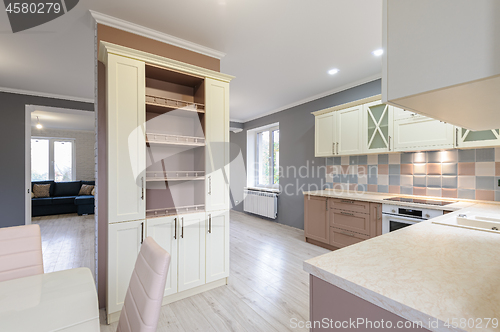 Image of Luxury modern provence styled grey, pink and cream kitchen interior