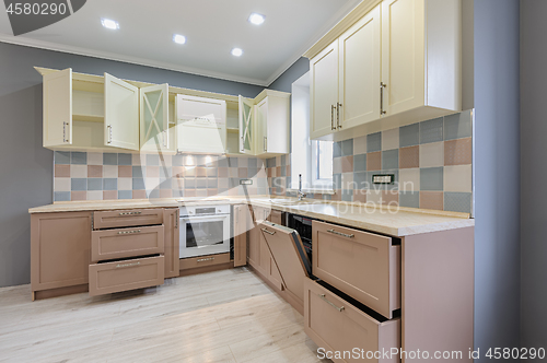 Image of Luxury modern provence styled grey, pink and cream kitchen interior