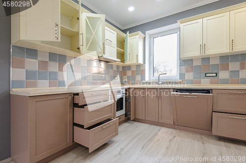 Image of Luxury modern provence styled grey, pink and cream kitchen interior