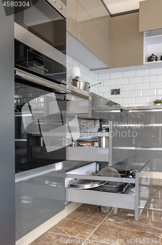 Image of Luxury modern white, beige and grey kitchen interior