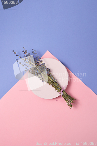 Image of Creeting card with sprig of lavender on a plate.