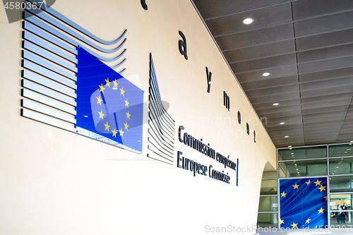 Image of Logo of the European Commission building in Brussels.