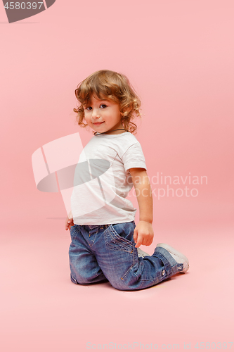 Image of Portrait of happy joyful beautiful little boy, studio shot
