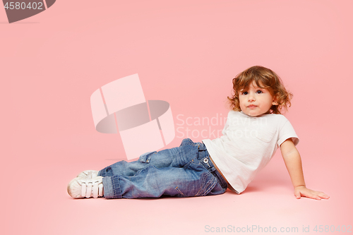 Image of Portrait of happy joyful beautiful little boy, studio shot