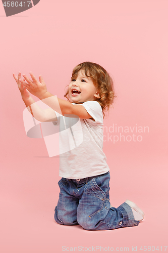 Image of Portrait of happy joyful beautiful little boy, studio shot