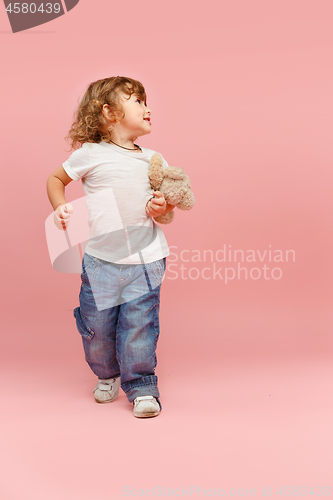 Image of Portrait of happy joyful beautiful little boy, studio shot