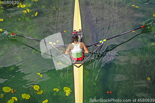 Image of Woman Single sculls rower during the start of a rowing 