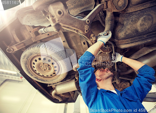 Image of mechanic man or smith repairing car at workshop