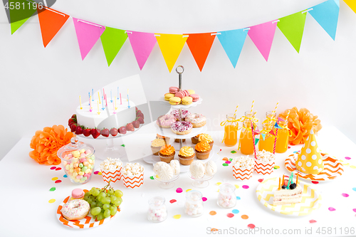 Image of food and drinks on table at birthday party