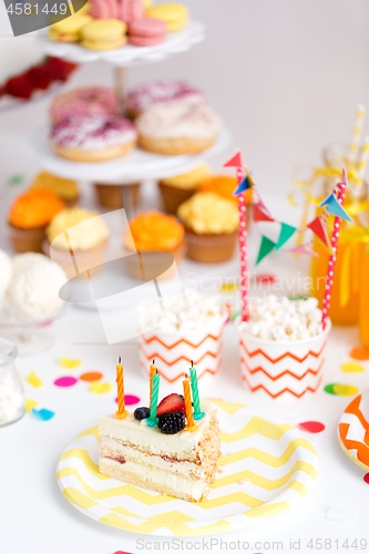 Image of piece of cake on plate at birthday party