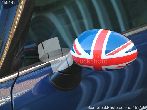 Image of british car wing mirror with flag