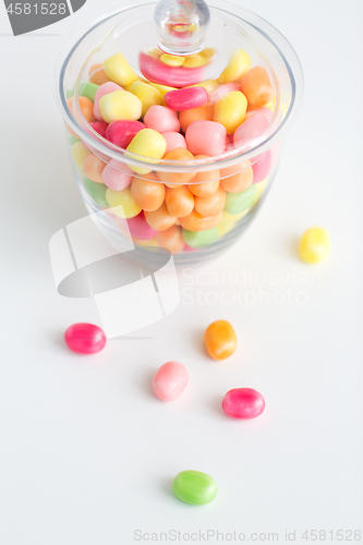 Image of close up of glass jar with colorful candy drops