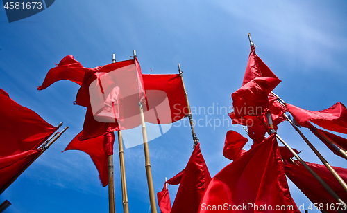 Image of Red flags on a Fishing boats Vedbaek harbour