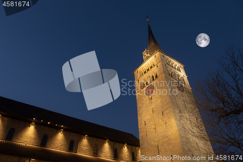 Image of church Saint Martin in Sindelfingen Germany by night with moon