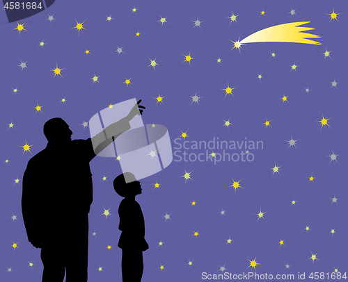 Image of Father is showing falling star to his amazed kid with wow face