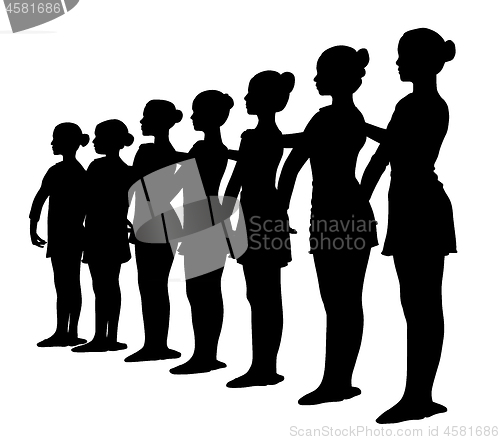Image of Silhouettes of seven ballerinas standing in a row