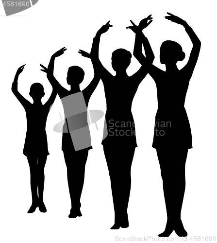 Image of Group of ballerinas standing in a row with raised hands