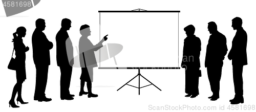 Image of Woman coach leader presentation on projection screen to people group