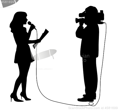 Image of Journalist news reporter anchor woman and cameraman making reportage