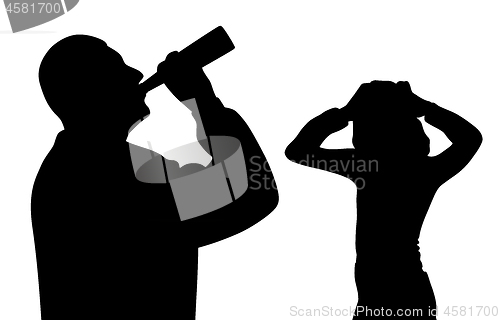 Image of Father drinking alcohol and scared worried child holding hands on head