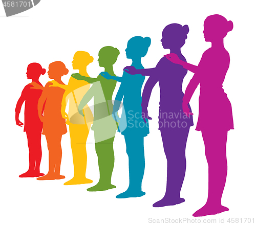 Image of Rainbow colored row of seven ballerinas