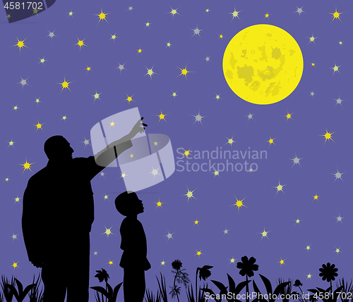 Image of Father is showing full moon to his amazed kid with wow face