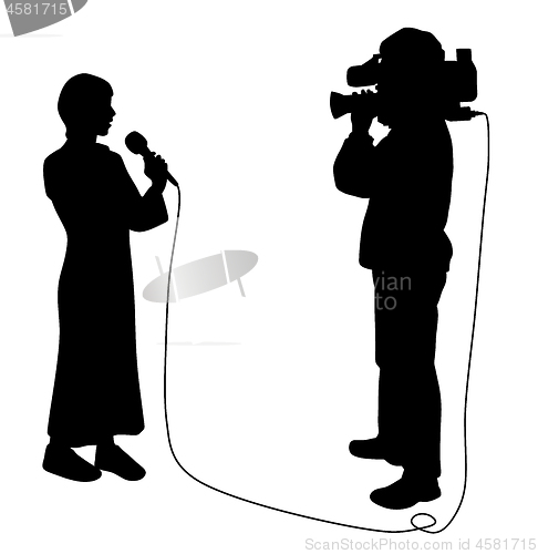 Image of Journalist reporter woman and cameraman making news reportage