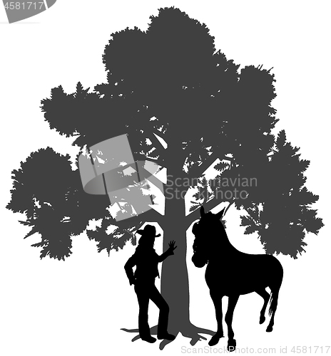 Image of Young woman standing with horse under oak tree