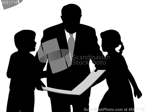 Image of Grandfather or father is reading a book or magazine to kids