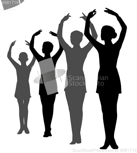 Image of Group of ballerinas girls standing in a row with raised hands