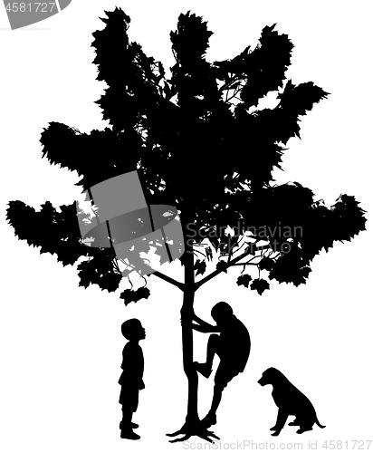 Image of Two best friends little boys climbing up a tree