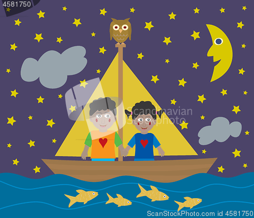 Image of African American kids sailing adventure into the night