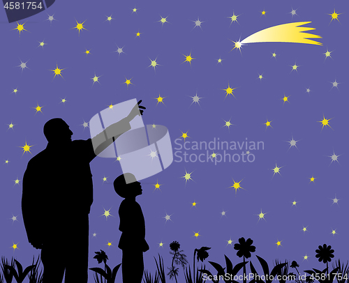 Image of Father is showing shooting star to his amazed child with wow face