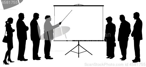 Image of Man coach with pointer presentation on projection screen to people group