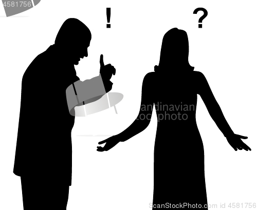 Image of Annoyed man yelling and blaming puzzled confused woman