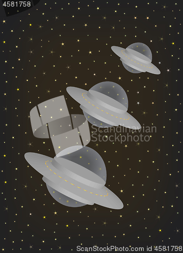 Image of Three UFO extraterrestrial spaceships flying in row through the space