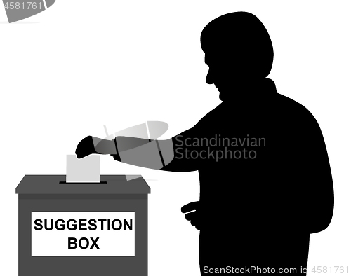 Image of Businessman employee or customer putting paper or envelope in suggestion box