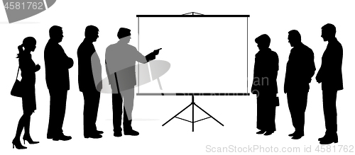 Image of Man coach showing presentation on projection screen to people group