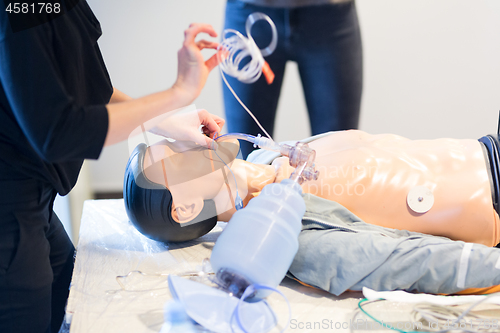 Image of Medical doctor specialist expert displaying method of patient intubation technique on hands on medical education training and workshop