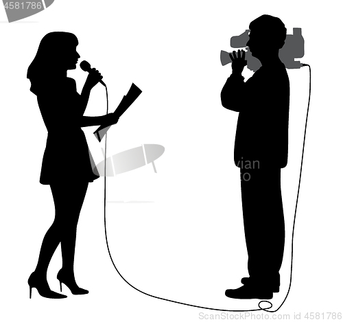Image of Journalist news reporter anchor woman and cameraman making reportage