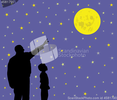 Image of Father is showing full moon in starry night sky to his amazed kid