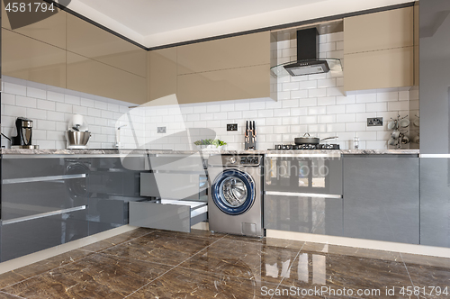 Image of Luxury modern white, beige and grey kitchen interior