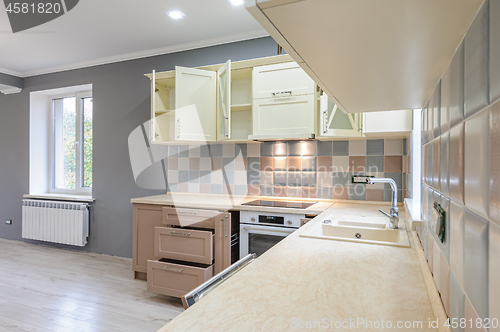 Image of Luxury modern provence styled grey, pink and cream kitchen interior