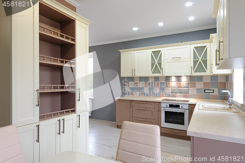 Image of Luxury modern provence styled grey, pink and cream kitchen interior