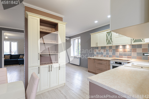 Image of Luxury modern provence styled grey, pink and cream kitchen interior