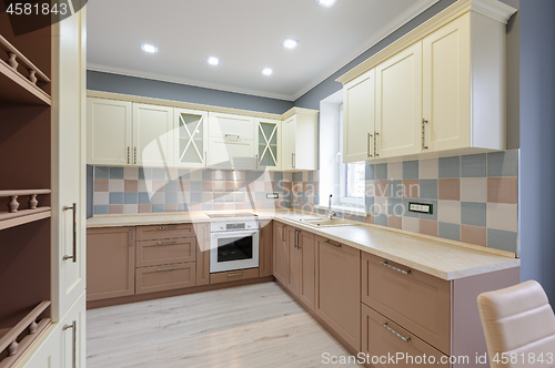 Image of Luxury modern provence styled grey, pink and cream kitchen interior