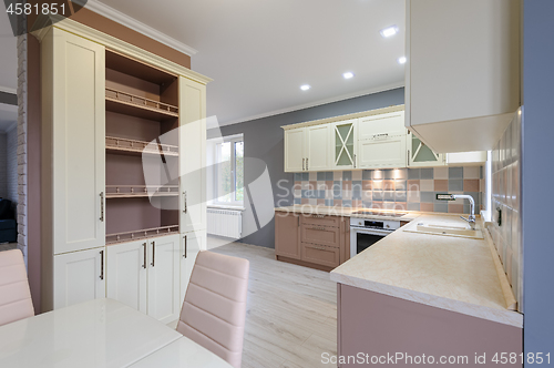 Image of Luxury modern provence styled grey, pink and cream kitchen interior